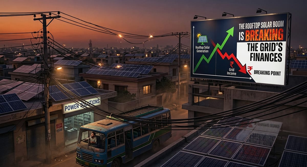 A dramatic photo illustration of an urban residential neighborhood in Pakistan at dusk, featuring widespread rooftop solar panels and complex wiring. To the right, a massive, illuminated bill