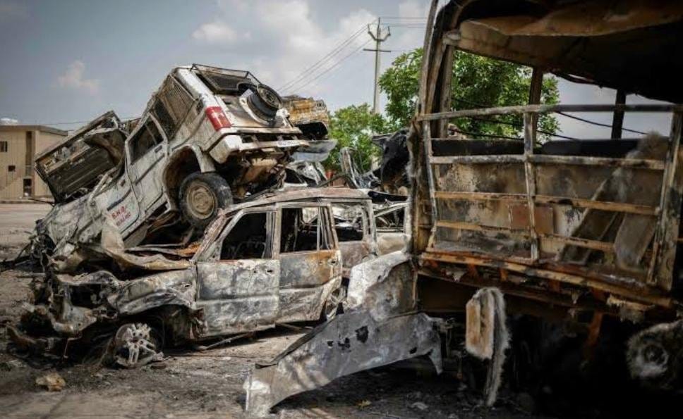 Burnt vehicles are pictured following clashes between Hindus and Muslims in Nuh district of the northern state of Haryana, In