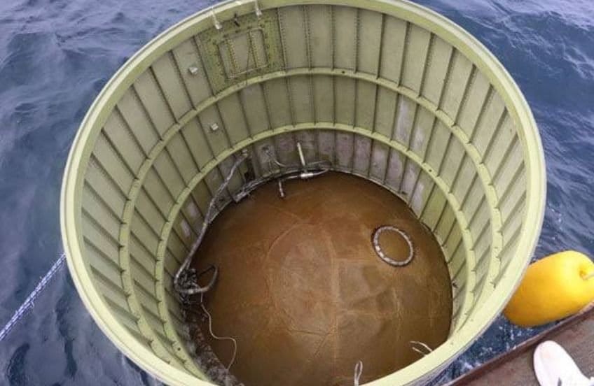 This photo taken on May 31, 2023, shows an object presumed to be part of North Korea's claimed 'Space Launch Vehicle' being s