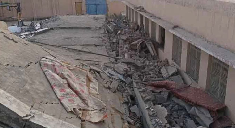 Damaged wall of Government Middle School in Musakki village seen in this photo