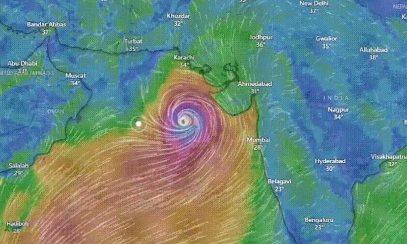 This visualisation from Monday night shows that Cyclone Biparjoy is around 500km from the coast of Sindh, but while its latest projected path takes it away from Karachi, it is still expected to cause heavy rain and strong winds.